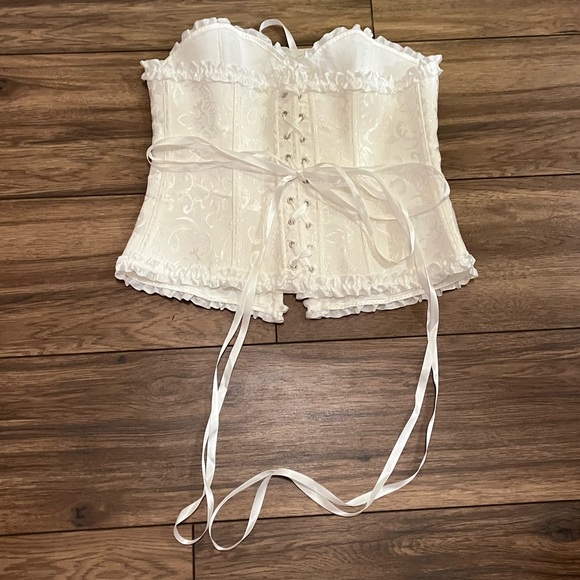 New White Brocade Jacquard Lace Up Corset Bustier Lingerie Shapewear Top - Picture 9 of 11